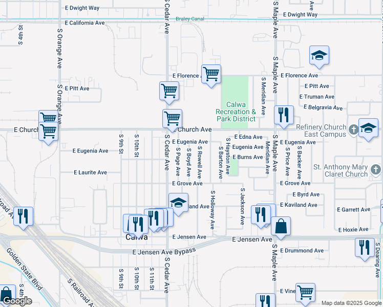 map of restaurants, bars, coffee shops, grocery stores, and more near 2443 South Boyd Avenue in Fresno