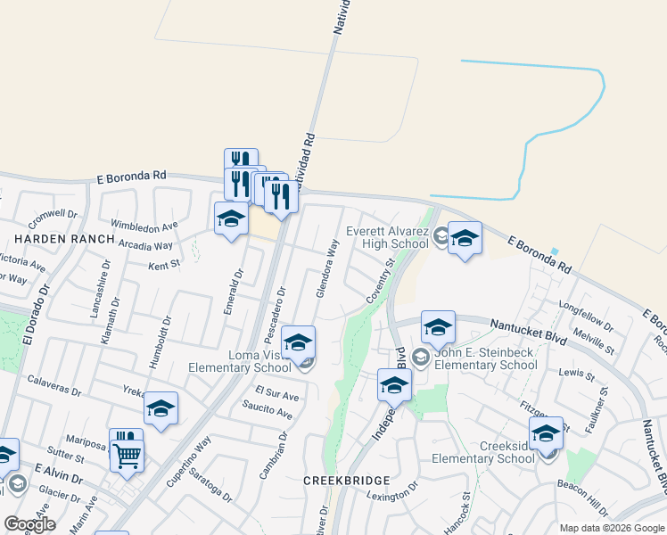 map of restaurants, bars, coffee shops, grocery stores, and more near 1880 Glendora Way in Salinas