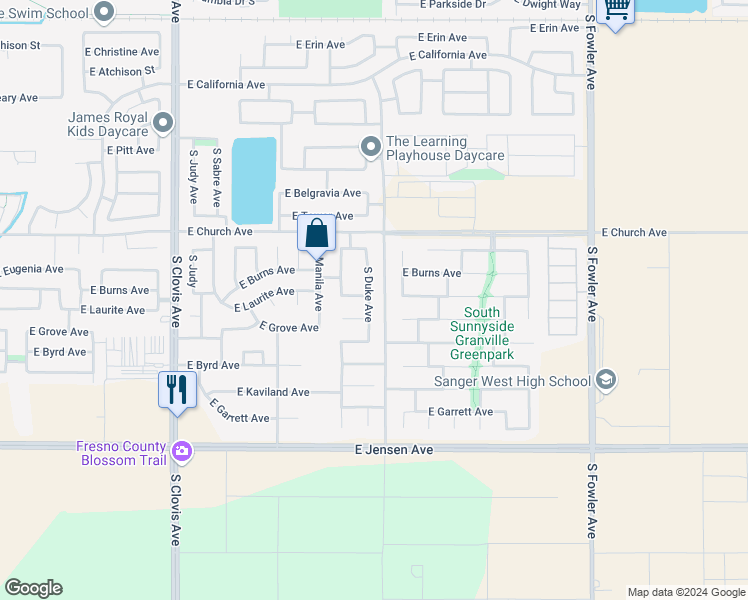 map of restaurants, bars, coffee shops, grocery stores, and more near 2459 South Duke Avenue in Fresno