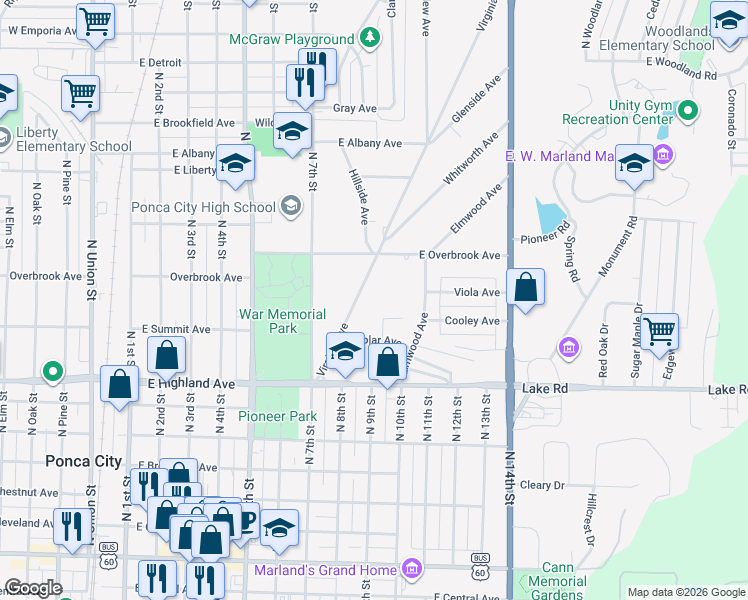 map of restaurants, bars, coffee shops, grocery stores, and more near 219 Virginia Avenue in Ponca City