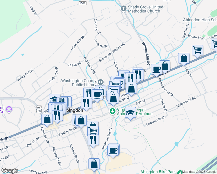 map of restaurants, bars, coffee shops, grocery stores, and more near 200 Pecan Street Northeast in Abingdon