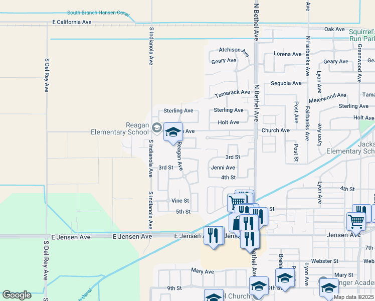 map of restaurants, bars, coffee shops, grocery stores, and more near 2991 Spencer Avenue in Sanger
