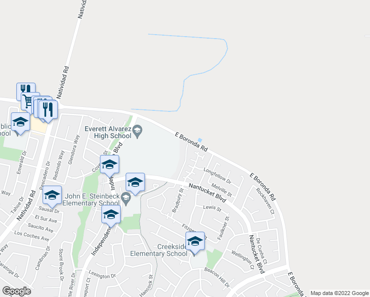 map of restaurants, bars, coffee shops, grocery stores, and more near 949 Nantucket Boulevard in Salinas