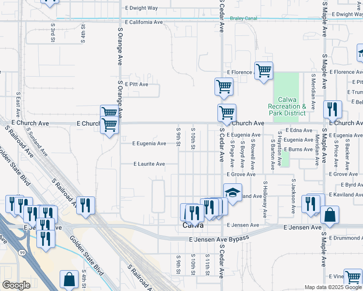 map of restaurants, bars, coffee shops, grocery stores, and more near 2443 South 9th Street in Fresno