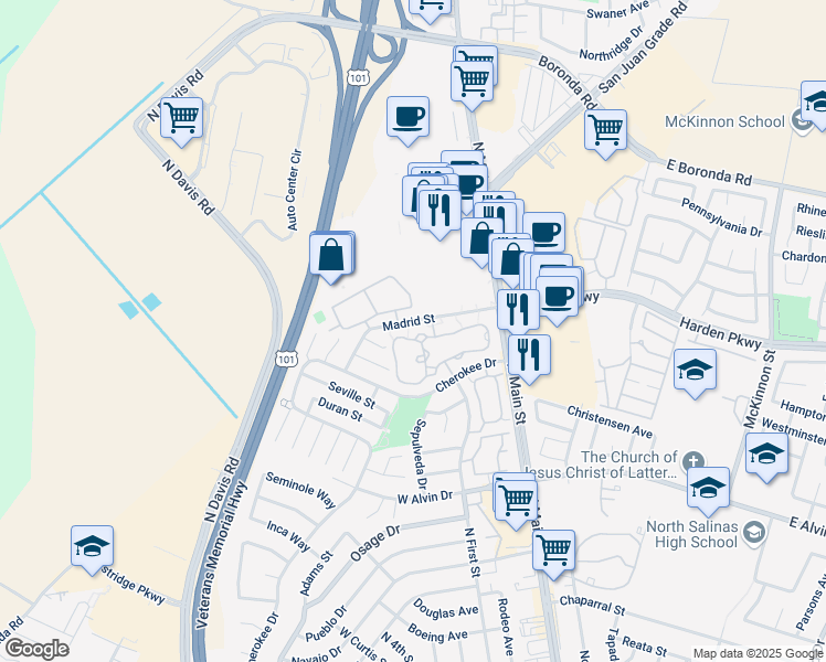 map of restaurants, bars, coffee shops, grocery stores, and more near 1843 Cherokee Drive in Salinas