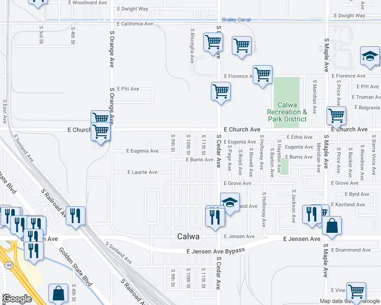map of restaurants, bars, coffee shops, grocery stores, and more near 2443 South 10th Street in Fresno