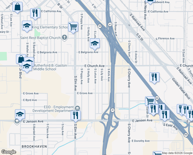 map of restaurants, bars, coffee shops, grocery stores, and more near 2441 South Lotus Avenue in Fresno