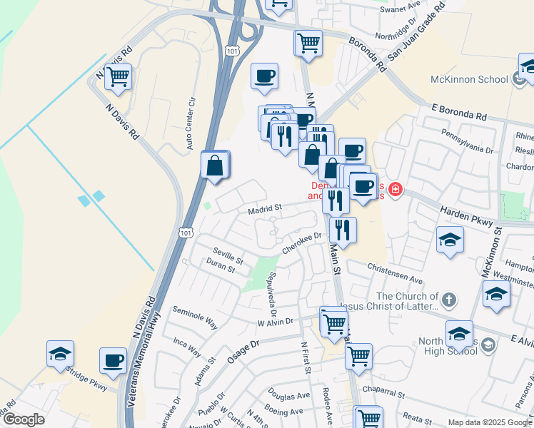 map of restaurants, bars, coffee shops, grocery stores, and more near 1843 Cherokee Drive in Salinas