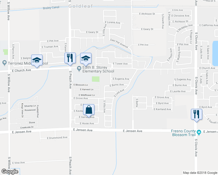map of restaurants, bars, coffee shops, grocery stores, and more near 5324 East Burns Avenue in Fresno