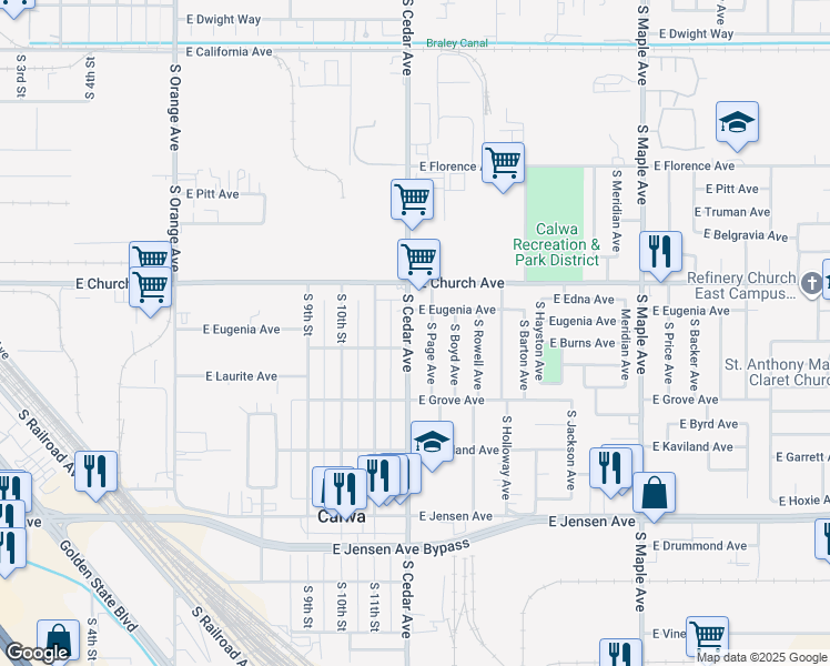 map of restaurants, bars, coffee shops, grocery stores, and more near 2446 South Page Avenue in Fresno