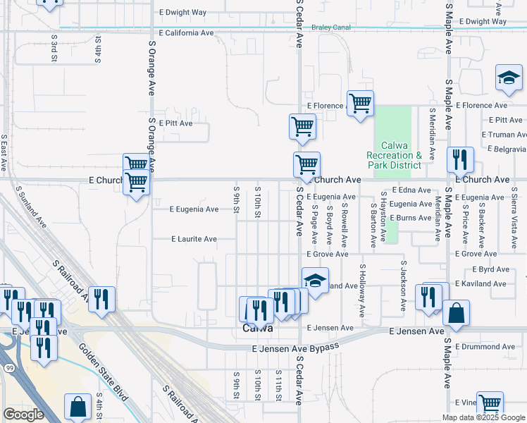 map of restaurants, bars, coffee shops, grocery stores, and more near 2445 South 10th Street in Fresno