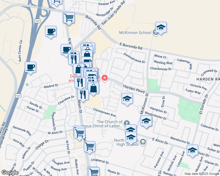 map of restaurants, bars, coffee shops, grocery stores, and more near 290 Regency Circle in Salinas