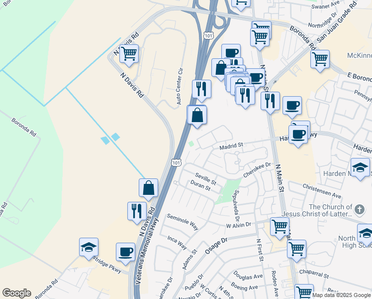 map of restaurants, bars, coffee shops, grocery stores, and more near 1633 Cadiz Circle in Salinas