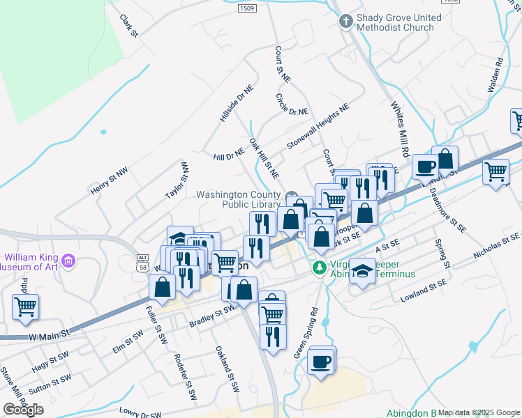 map of restaurants, bars, coffee shops, grocery stores, and more near 224 Mason Place Northwest in Abingdon