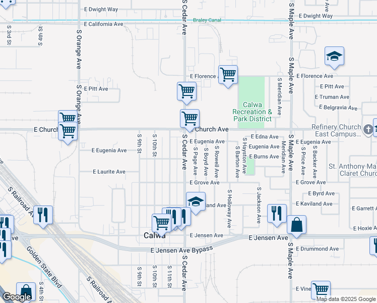 map of restaurants, bars, coffee shops, grocery stores, and more near 2446 South Page Avenue in Fresno
