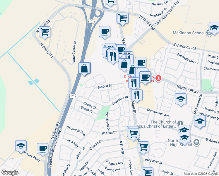 map of restaurants, bars, coffee shops, grocery stores, and more near 1839 Cherokee Drive in Salinas