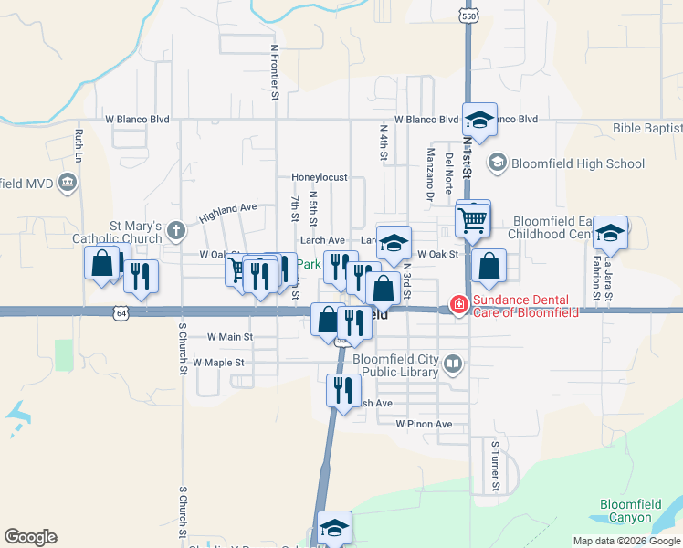 map of restaurants, bars, coffee shops, grocery stores, and more near 504 West Sycamore Avenue in Bloomfield