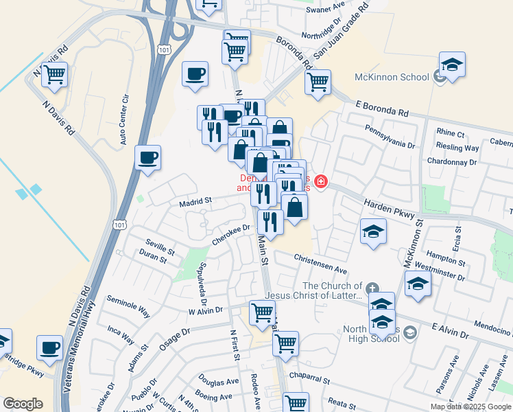 map of restaurants, bars, coffee shops, grocery stores, and more near 1740 North Main Street in Salinas