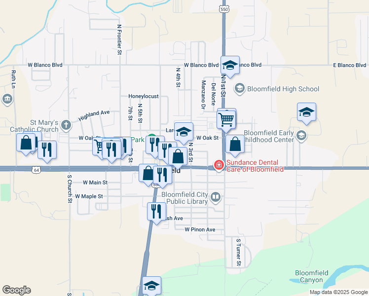 map of restaurants, bars, coffee shops, grocery stores, and more near 310 West Sycamore Avenue in Bloomfield