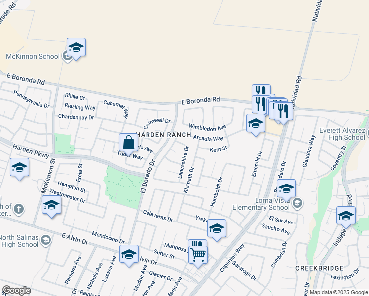 map of restaurants, bars, coffee shops, grocery stores, and more near 1875 Lancashire Drive in Salinas