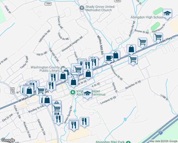map of restaurants, bars, coffee shops, grocery stores, and more near 247 East Main Street in Abingdon