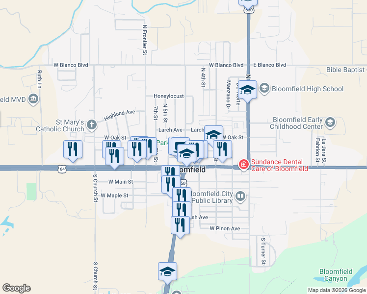 map of restaurants, bars, coffee shops, grocery stores, and more near 504 West Sycamore Avenue in Bloomfield