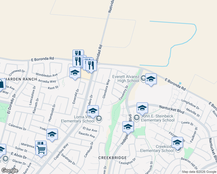 map of restaurants, bars, coffee shops, grocery stores, and more near 1880 Glendora Way in Salinas