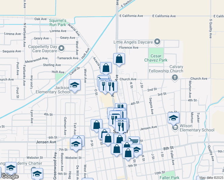 map of restaurants, bars, coffee shops, grocery stores, and more near 275 Academy Ave in Sanger