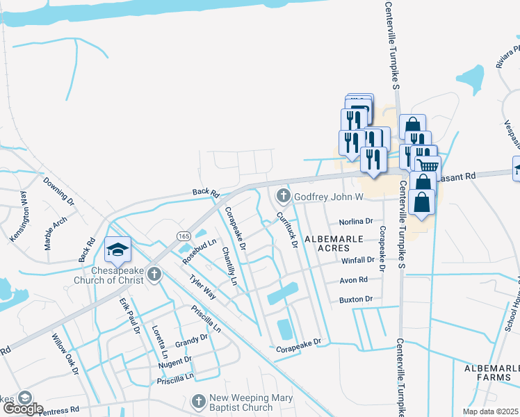 map of restaurants, bars, coffee shops, grocery stores, and more near 1320 Manteo Court in Chesapeake