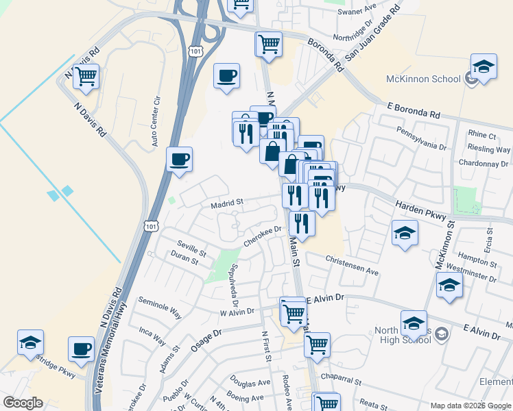 map of restaurants, bars, coffee shops, grocery stores, and more near 1827 Cherokee Drive in Salinas