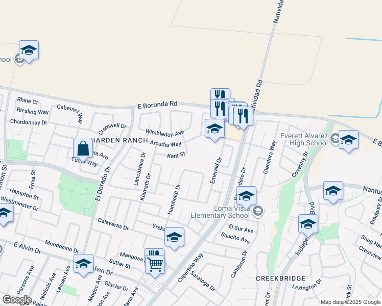 map of restaurants, bars, coffee shops, grocery stores, and more near 560 Kent Street in Salinas