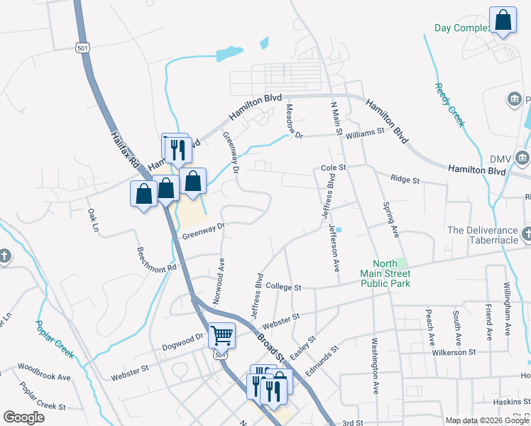 map of restaurants, bars, coffee shops, grocery stores, and more near 698 Greenway Dr in South Boston
