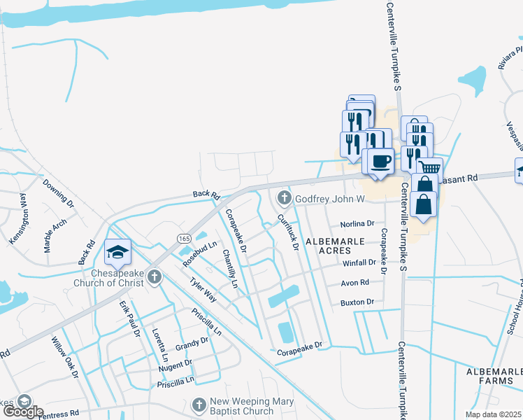 map of restaurants, bars, coffee shops, grocery stores, and more near 1320 Manteo Court in Chesapeake