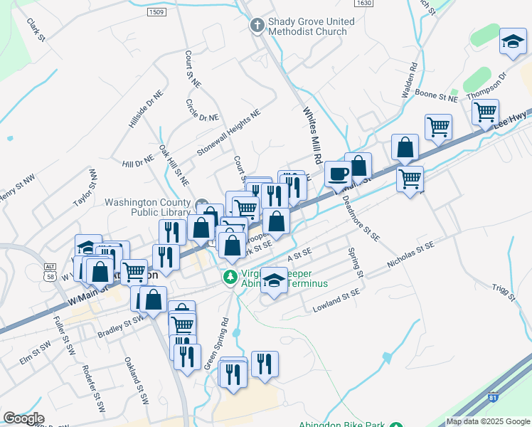 map of restaurants, bars, coffee shops, grocery stores, and more near 225 East Main Street in Abingdon