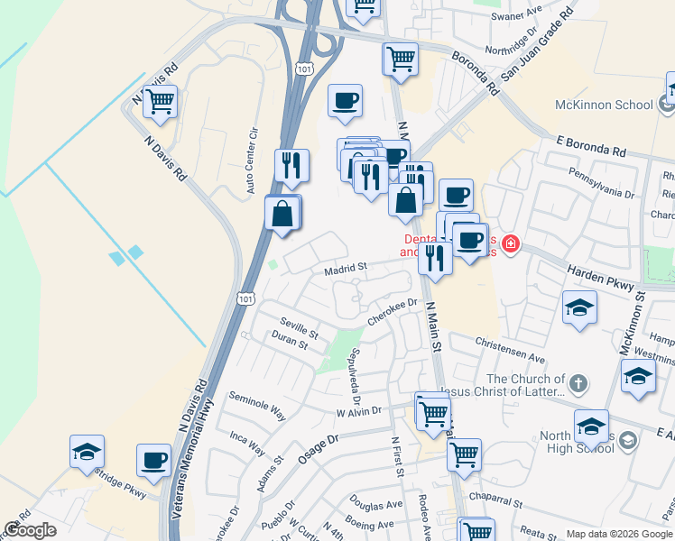 map of restaurants, bars, coffee shops, grocery stores, and more near 1632 Madrid Street in Salinas