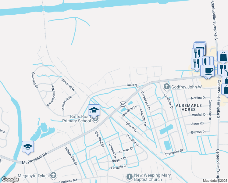 map of restaurants, bars, coffee shops, grocery stores, and more near 817 Chapel Hill Drive in Chesapeake