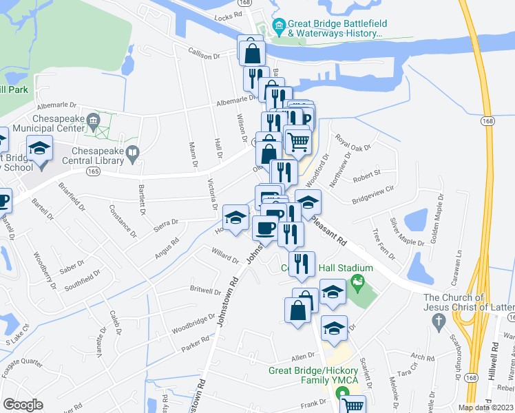 map of restaurants, bars, coffee shops, grocery stores, and more near 309 Nottingham Drive in Chesapeake