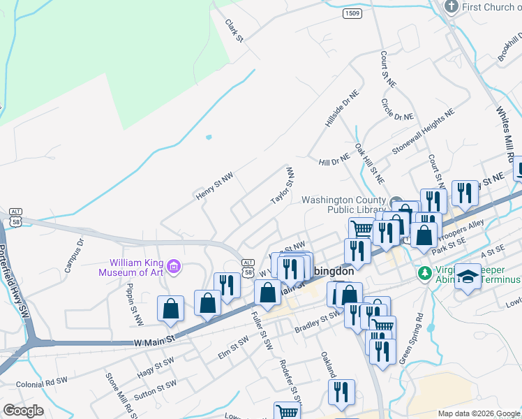 map of restaurants, bars, coffee shops, grocery stores, and more near 321 Leonard St NW in Abingdon