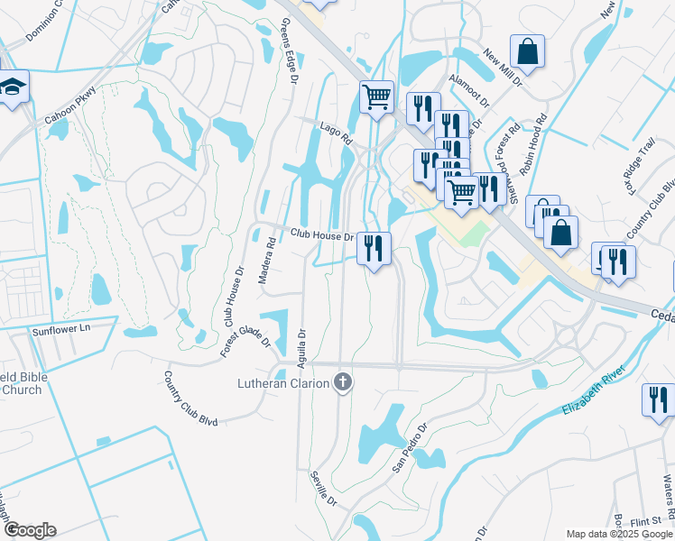 map of restaurants, bars, coffee shops, grocery stores, and more near 617 Aguila Drive in Chesapeake