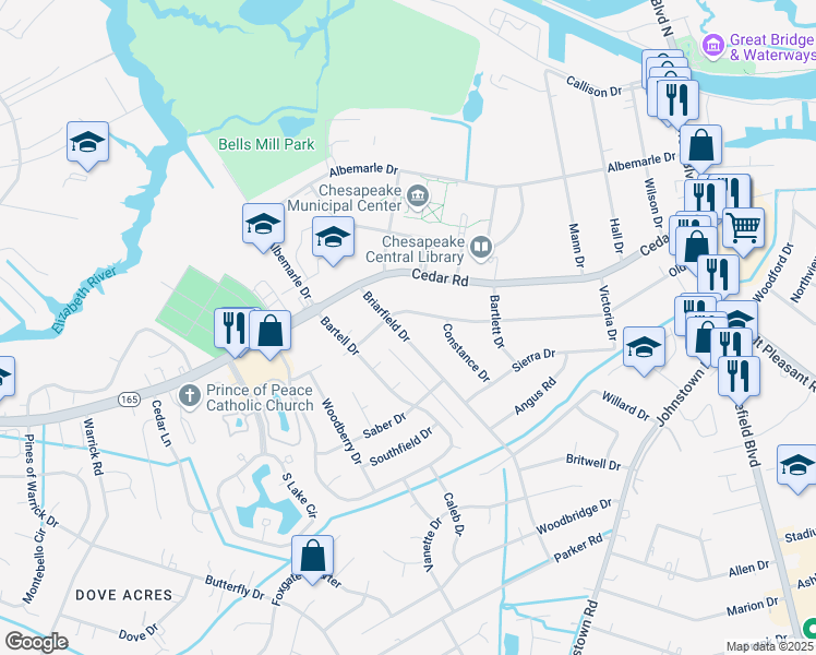 map of restaurants, bars, coffee shops, grocery stores, and more near 324 Briarfield Drive in Chesapeake