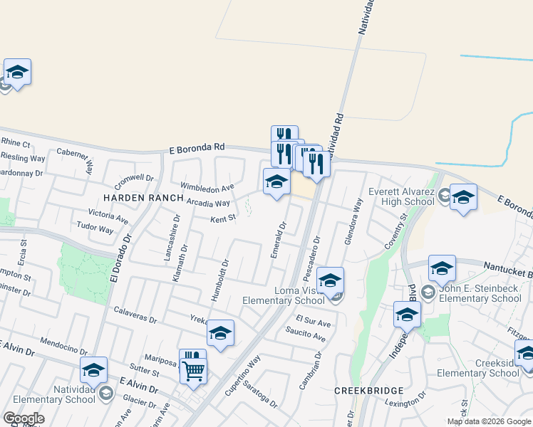 map of restaurants, bars, coffee shops, grocery stores, and more near 636 Arcadia Way in Salinas