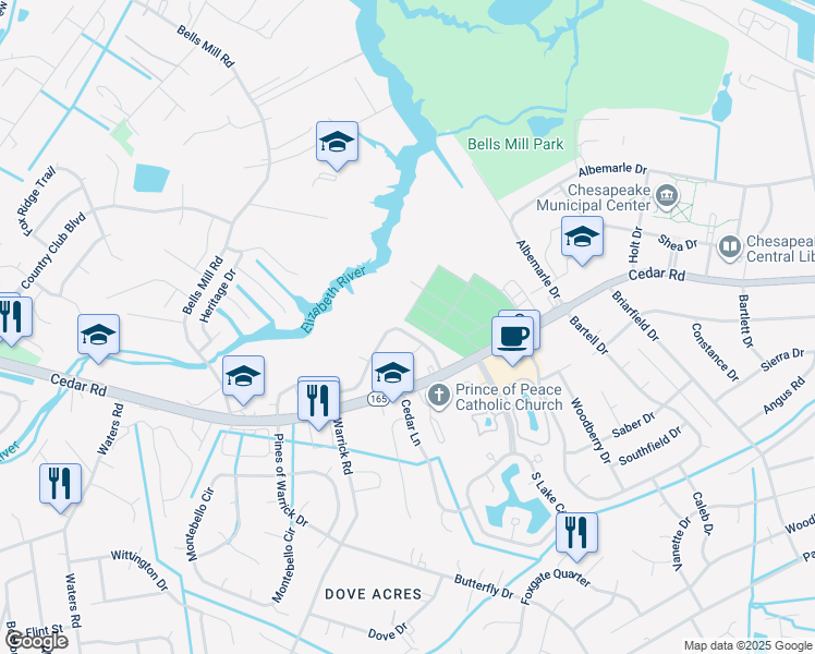 map of restaurants, bars, coffee shops, grocery stores, and more near 546 Mill Landing Road in Chesapeake
