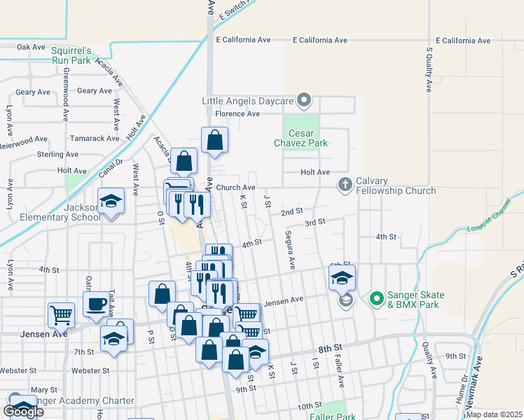 map of restaurants, bars, coffee shops, grocery stores, and more near 203 J Street in Sanger