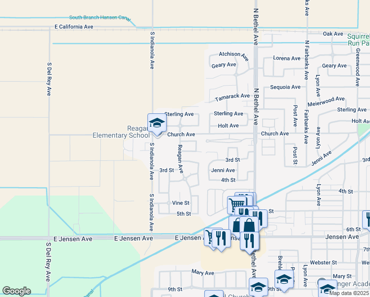 map of restaurants, bars, coffee shops, grocery stores, and more near 2991 Spencer Avenue in Sanger