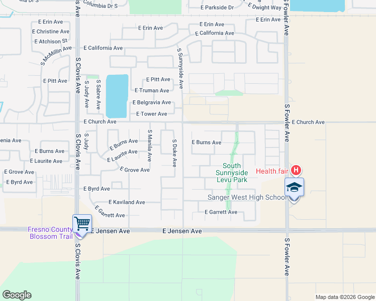 map of restaurants, bars, coffee shops, grocery stores, and more near 2459 South Duke Avenue in Fresno
