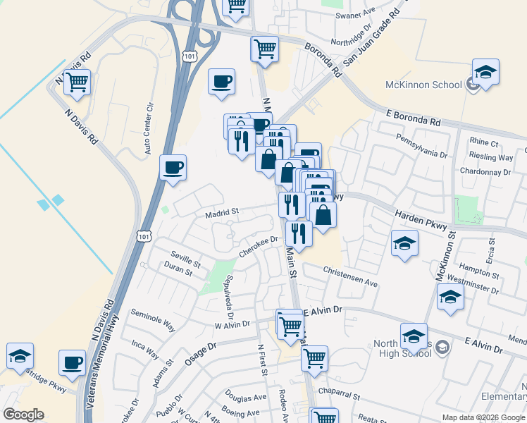 map of restaurants, bars, coffee shops, grocery stores, and more near 1827 Cherokee Drive in Salinas