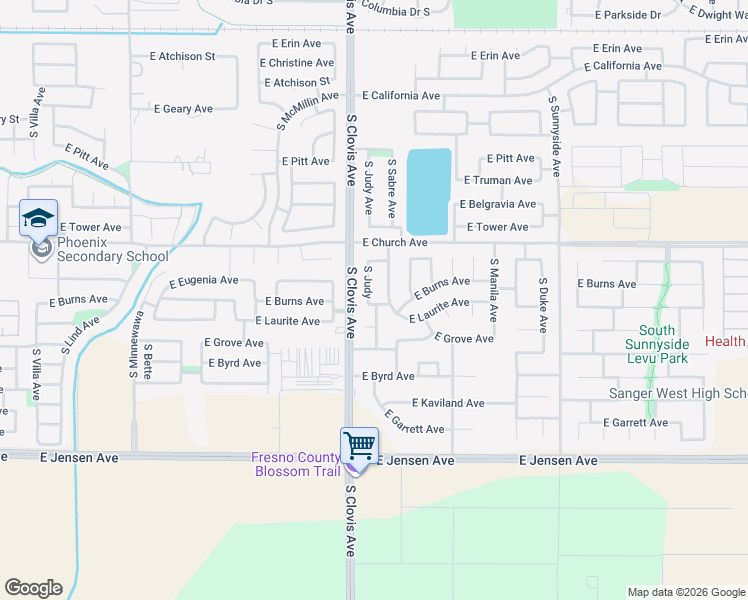 map of restaurants, bars, coffee shops, grocery stores, and more near 2449 South Judy Avenue in Fresno