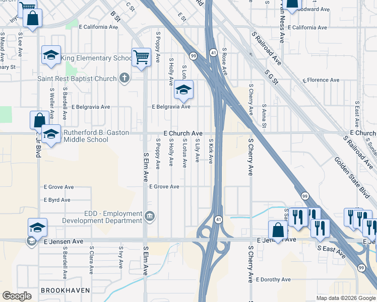 map of restaurants, bars, coffee shops, grocery stores, and more near 2441 South Lotus Avenue in Fresno