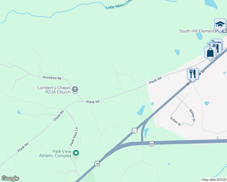 map of restaurants, bars, coffee shops, grocery stores, and more near 2063 Plank Road in South Hill