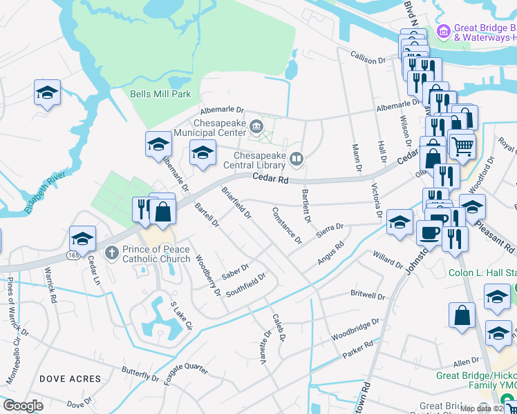 map of restaurants, bars, coffee shops, grocery stores, and more near 333 Old Drive in Chesapeake